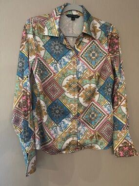 Boston Proper sz 6 Multi-Color Printed Satin Button-Up Blouse long sleeve